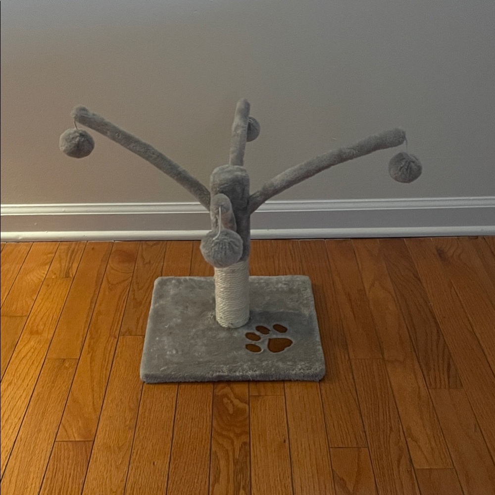 Gray Cat Scratching Post with Pom-Poms